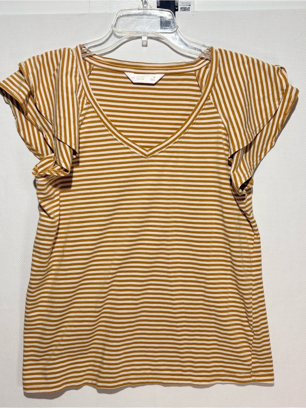LC Lauren Conrad Mustard and White Striped V-Neck Flutter Sleeve Top